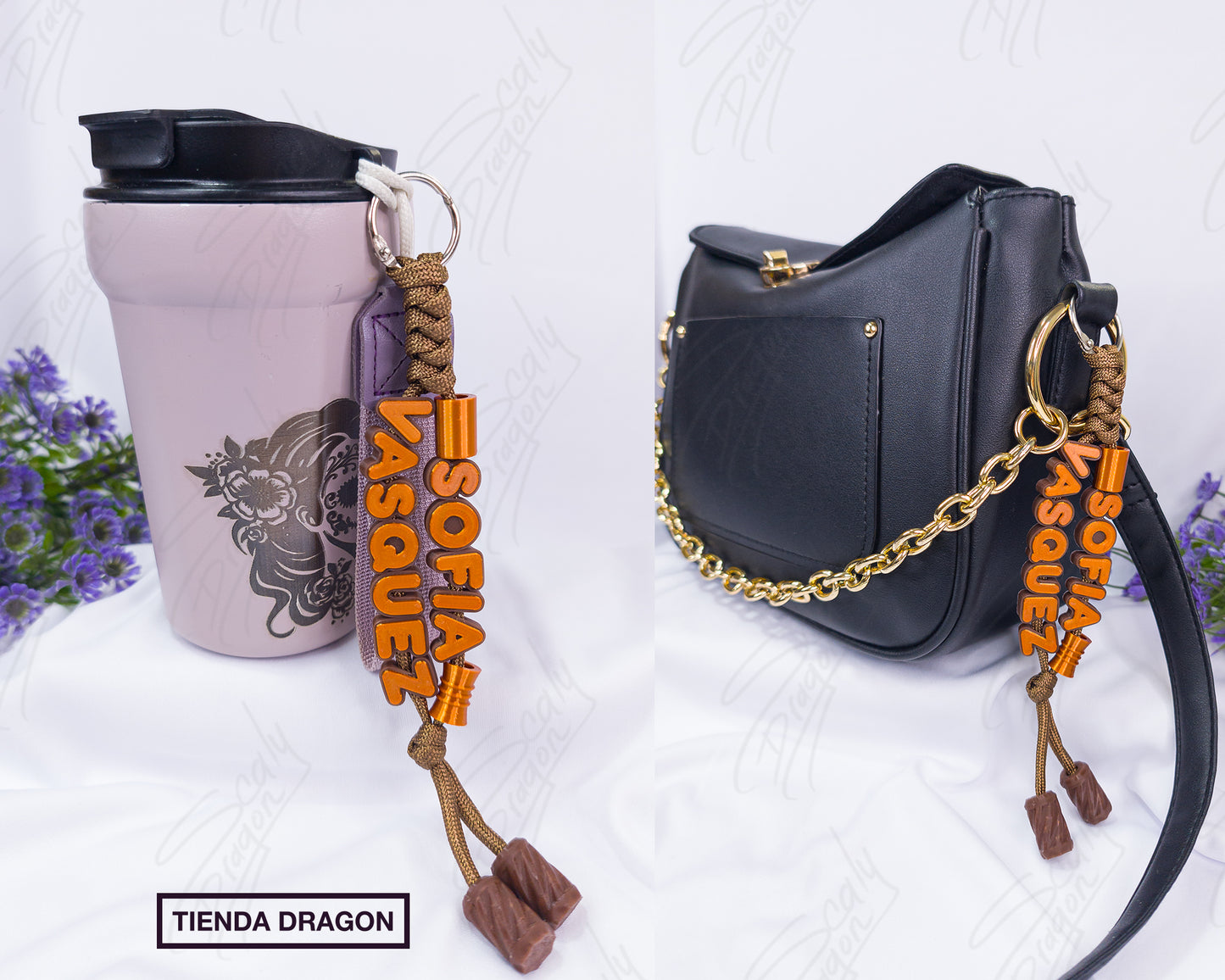 Charm con Nombre Personalizado con letras en 3D, Colgante Artesanal para Bolsos, Mochilas y Termos.